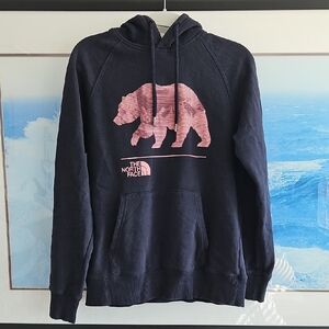 The North Face Women's Sz XS Navy Hoodie with Pink Logo Bear Graphic